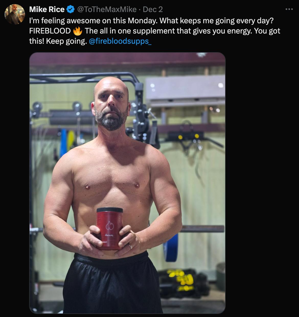 Testimonial Post on Twitter promoting Fireblood Supplement